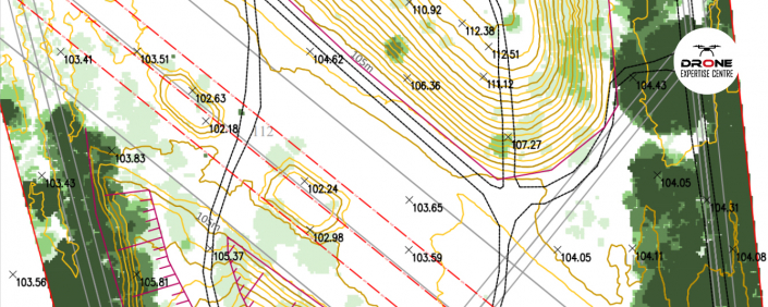 Extrait d'un plan topographique DWG d'un site en avant projet sommaire. La topographie a été calculée grâce aux résultats LIDAR